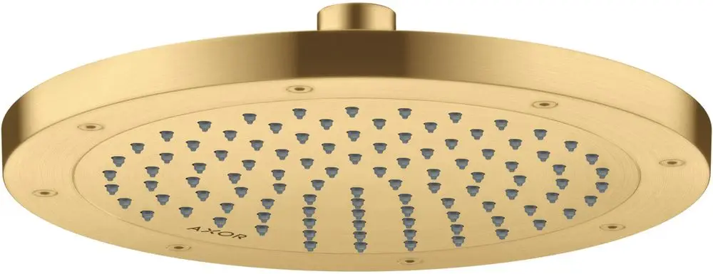 Kopfbrause in mattem Gold mit gleichmäßig verteilten Düsen. Hersteller AXOR. Rundes Design, geeignet für die Wandmontage.
